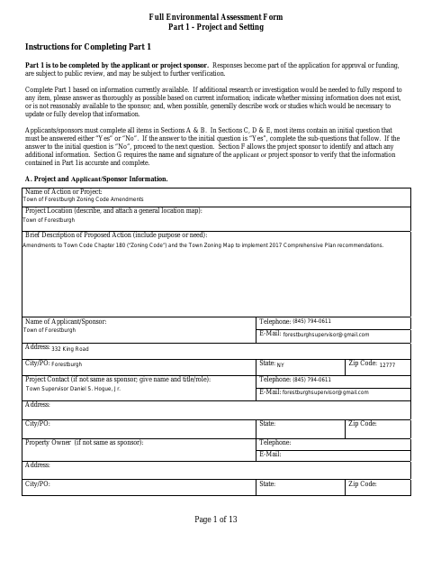 First page of the Full Environmental Assessment Form Part 1 – Project and Setting