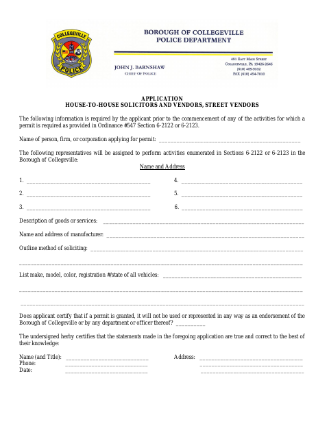 First page of the House-to-House Solicitors and Street Vendors Application