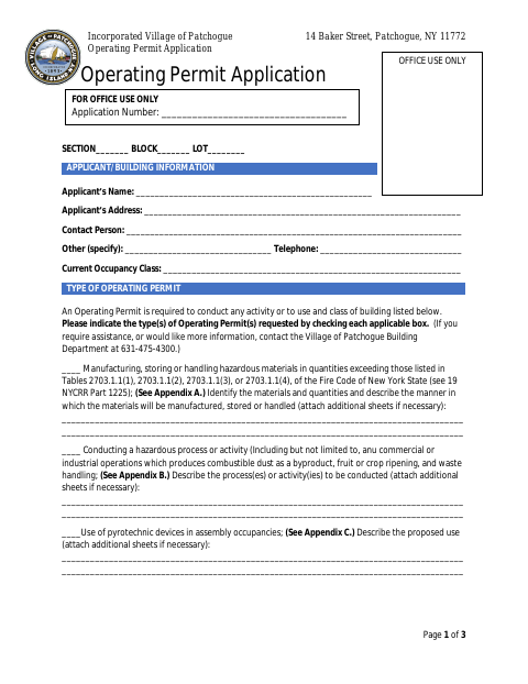 First page of the Operating Permit Application
