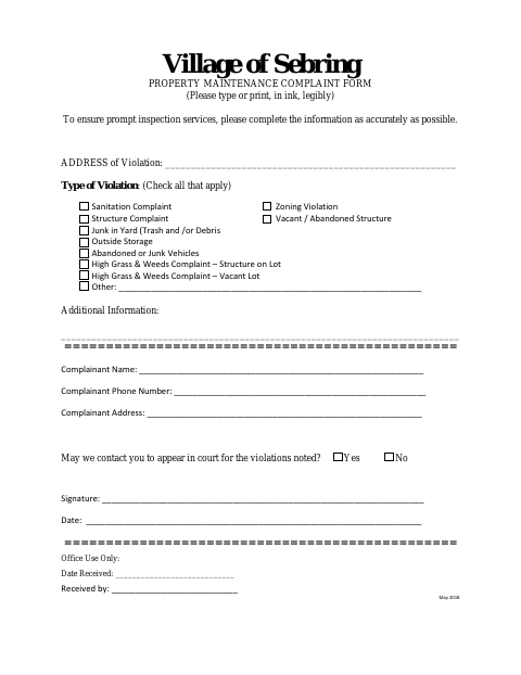 First page of the Property Maintenance Complaint Form