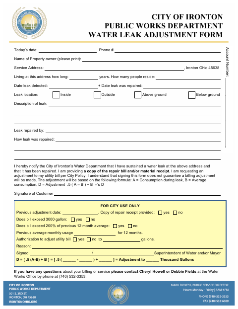 First page of the Water Leak Adjustment Form