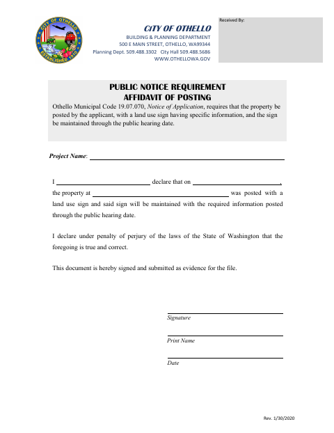 First page of the Public Notice Requirement Affidavit of Posting