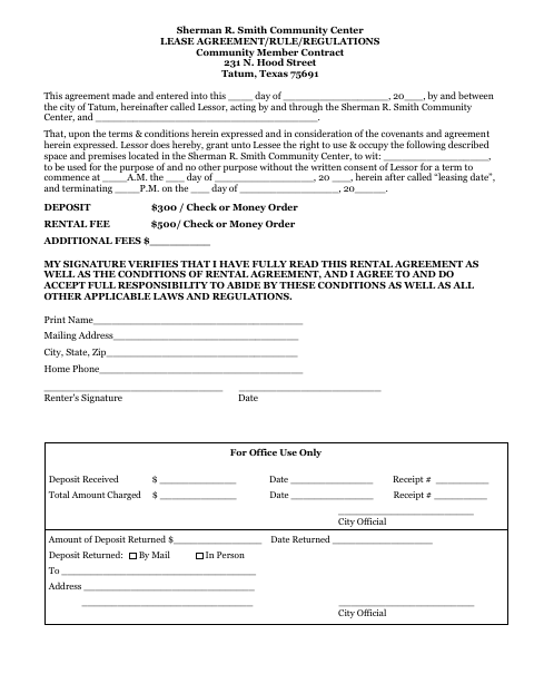 First page of the Community Center Rental Agreement