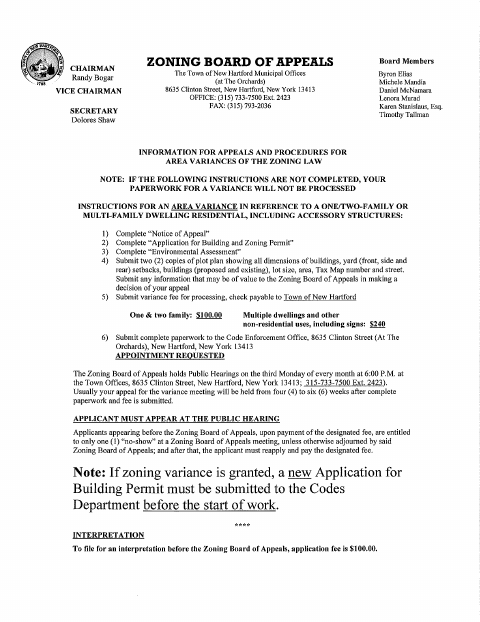First page of the Area Variance Application