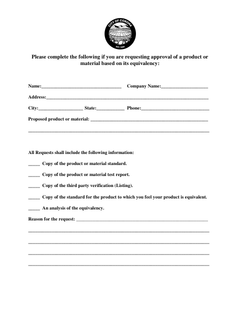 First page of the Alternate Materials Request Form