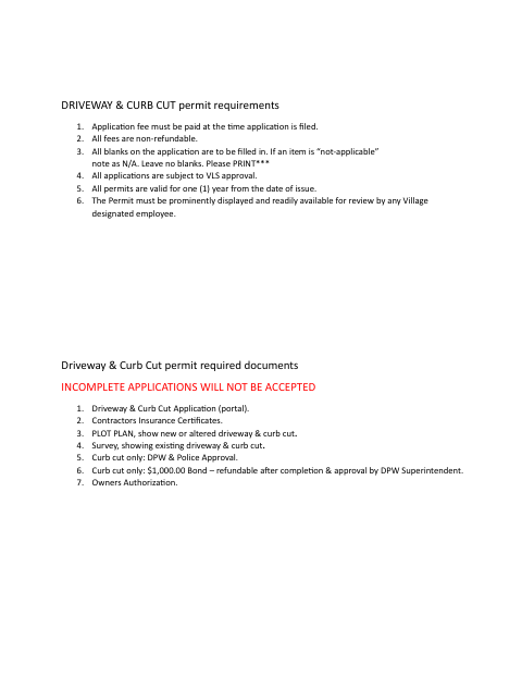 First page of the Driveway And Curb Cut Permit Application