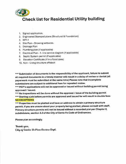 First page of the Residential Utility Building Checklist