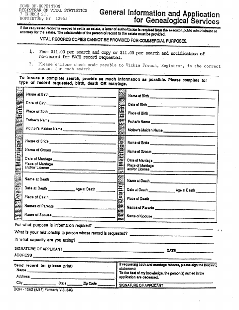 First page of the Genealogical Request Form
