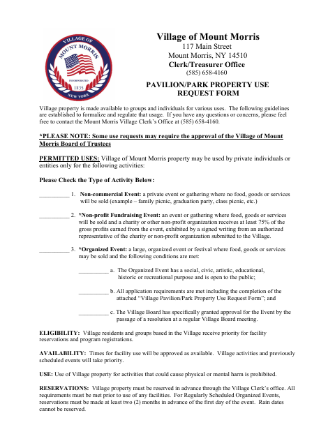 First page of the Pavilion/Park Property Use Request Form