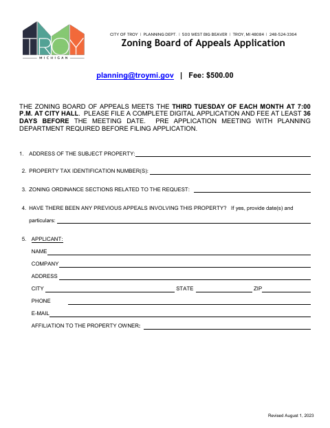 First page of the Zoning Board of Appeals Application