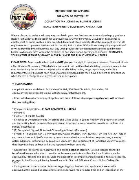 First page of the Occupation Tax License (Business License) Application