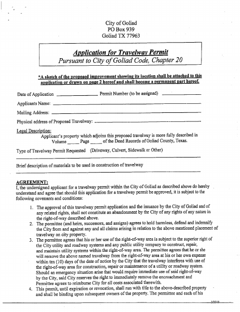 First page of the Application for Travelway Permit