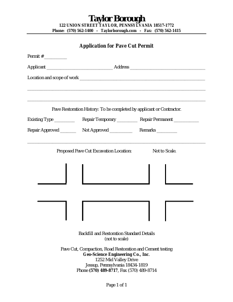 First page of the Pave Cut Permit Application