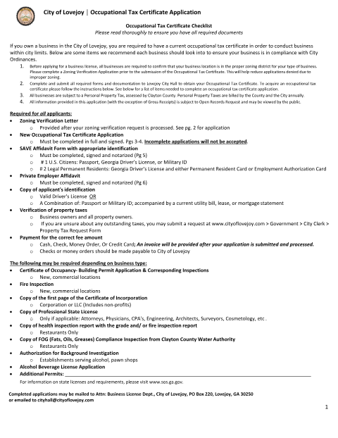 First page of the Occupational Tax Certificate Application