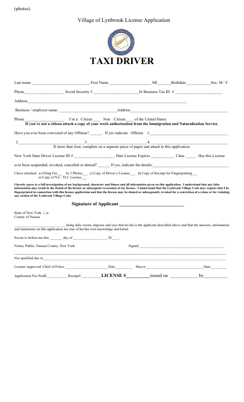 First page of the Taxi Driver License Application