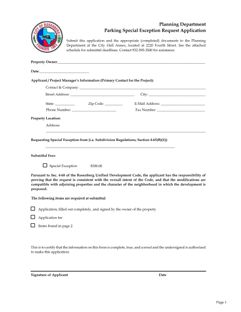 First page of the Parking Special Exception Request Application