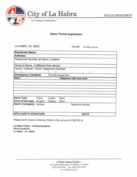 First page of the Alarm Permit Application 2026-2027