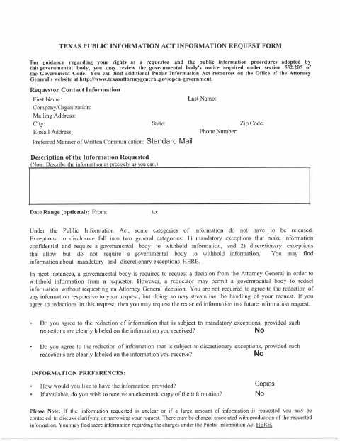 First page of the Texas Public Information Act Information Request Form