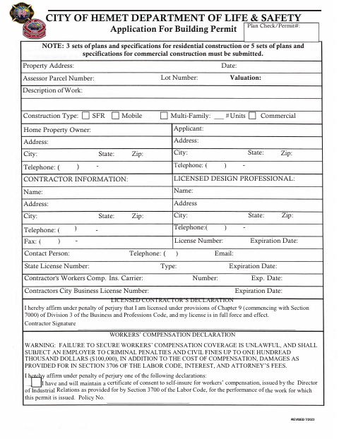 First page of the Application for Building Permit