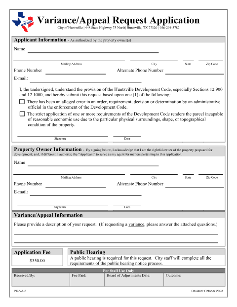 First page of the Variance/Appeal Request Application