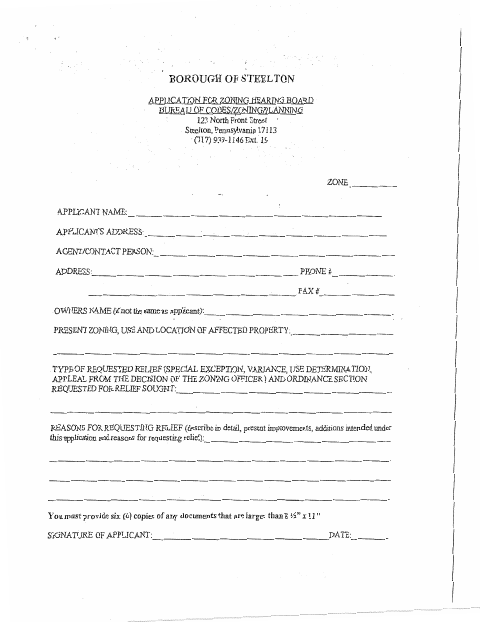 First page of the Zoning Hearing Board Application