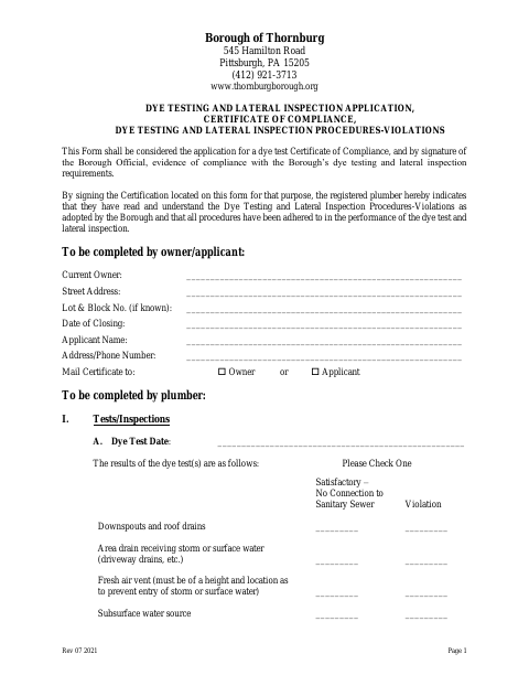 First page of the Dye Testing and Lateral Inspection Application, Certificate of Compliance