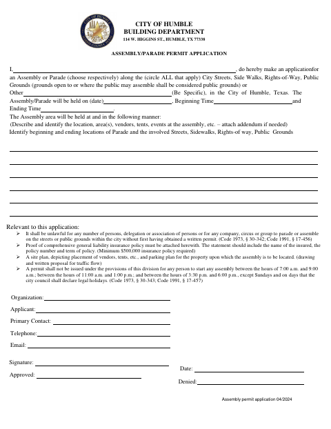 First page of the Assembly/Parade Permit Application