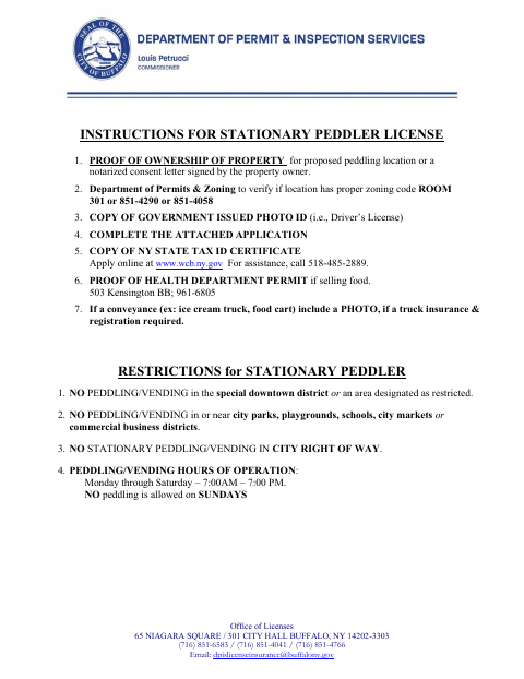 First page of the Stationary Peddler License Application