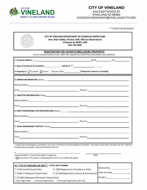 First page of the Registration for Vacant/Foreclosure Properties