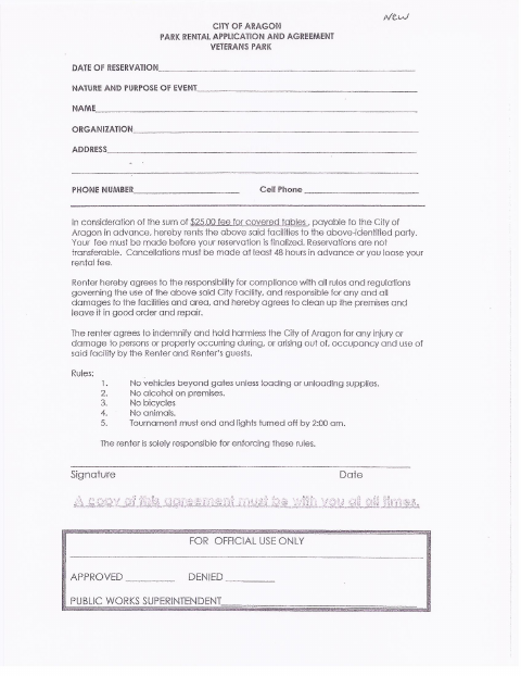 First page of the Veterans Park Rental Application and Agreement