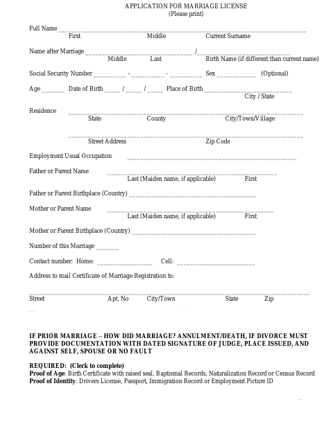 First page of the Application for Marriage License