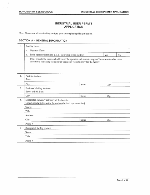 First page of the Industrial User Permit Application