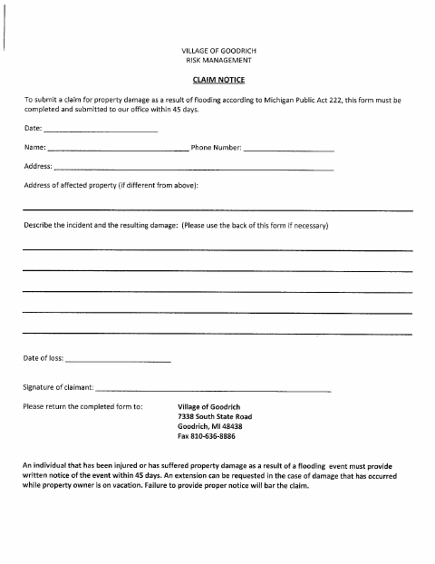 First page of the Risk Management Claim Notice