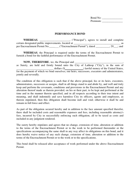 First page of the Performance Bond Encroachment Permit Template