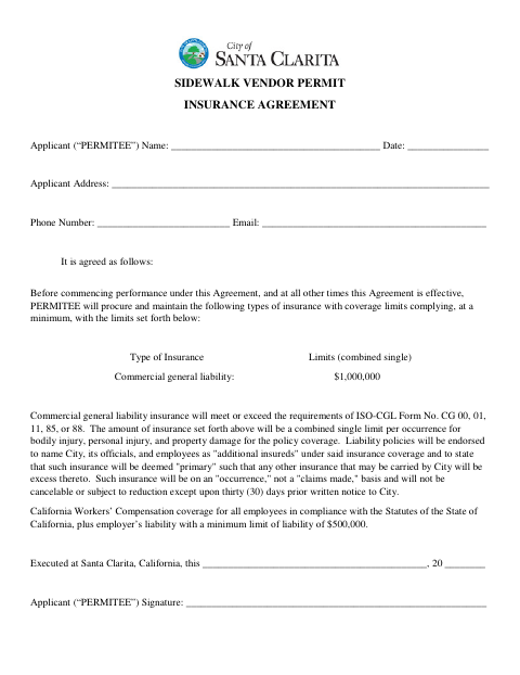 First page of the Sidewalk Vendor Permit Insurance Agreement
