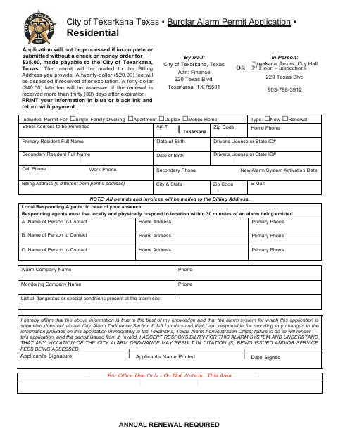 First page of the Residential Burglar Alarm Permit Application