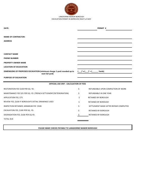 First page of the Excavation Permit in Improved Right-of-Way