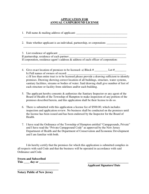 First page of the Annual Campground License Application