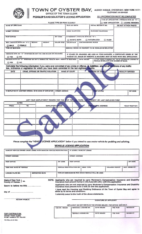 First page of the Peddler's and Solicitor's License Application