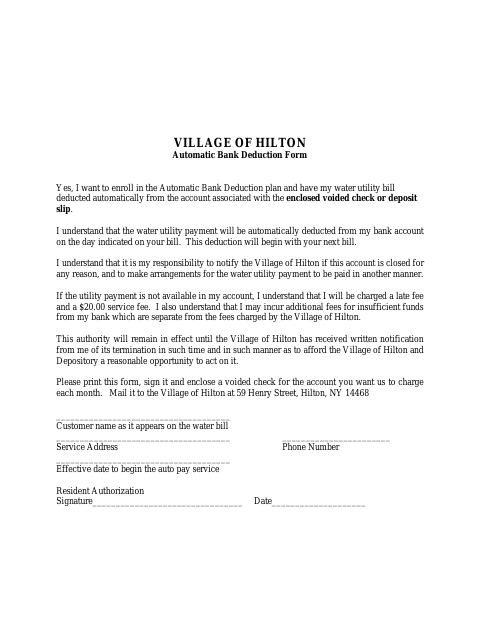 First page of the Automatic Bank Deduction Form