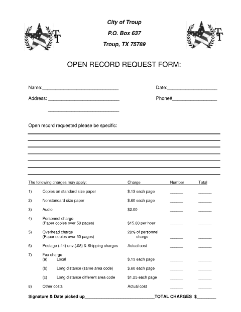 First page of the Open Records Request Form