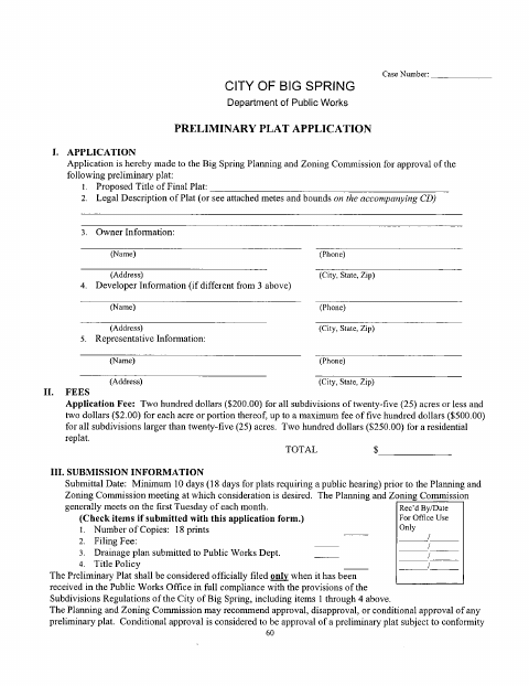 First page of the Preliminary Plat Application