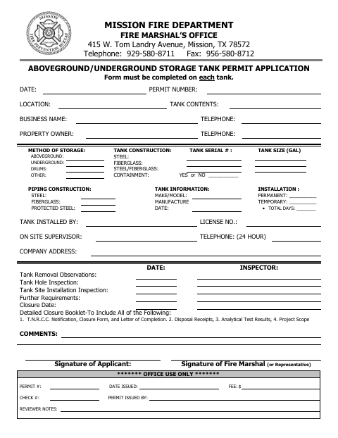First page of the Aboveground/Underground Storage Tank Permit Application