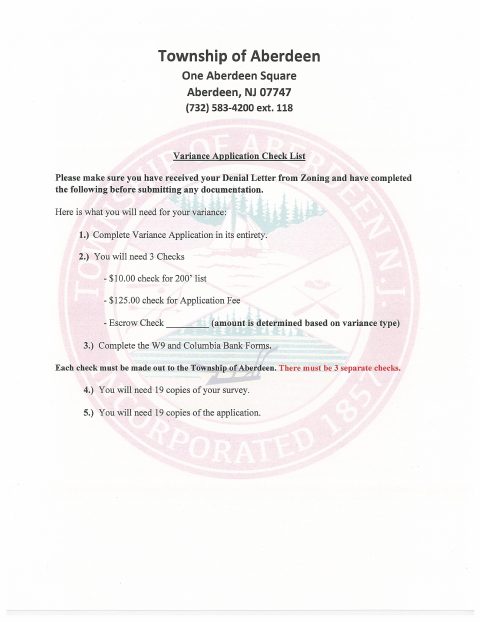 First page of the Variance Application
