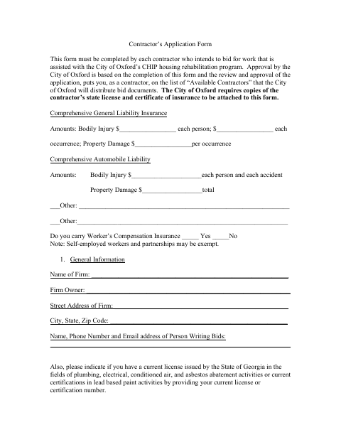 First page of the Contractor’s Application Form