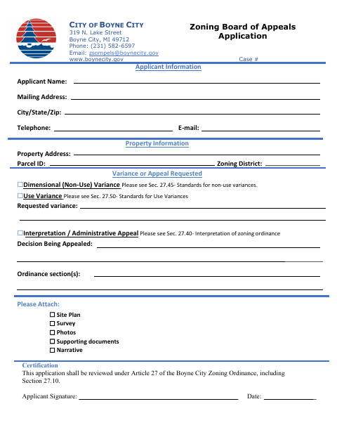 First page of the Zoning Board of Appeals Application