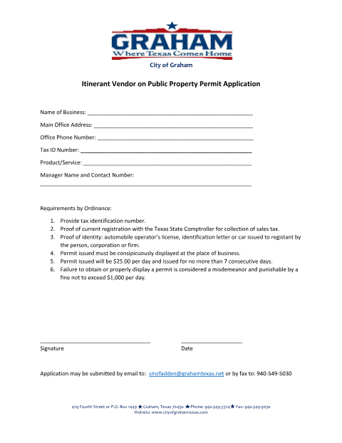 First page of the Itinerant Vendor on Public Property Permit Application