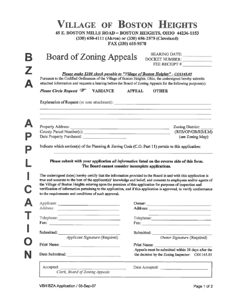 First page of the Board of Zoning Appeals Application