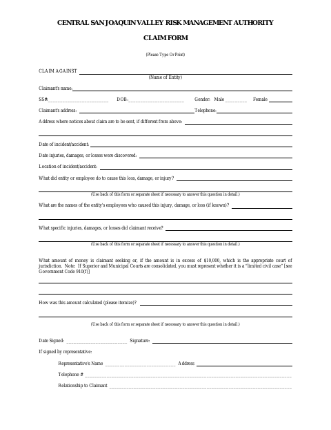First page of the Central San Joaquin Valley Risk Management Authority Claim Form