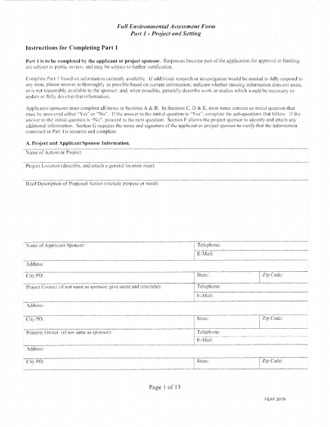 First page of the Full Environmental Assessment Form Part 1 – Project and Setting
